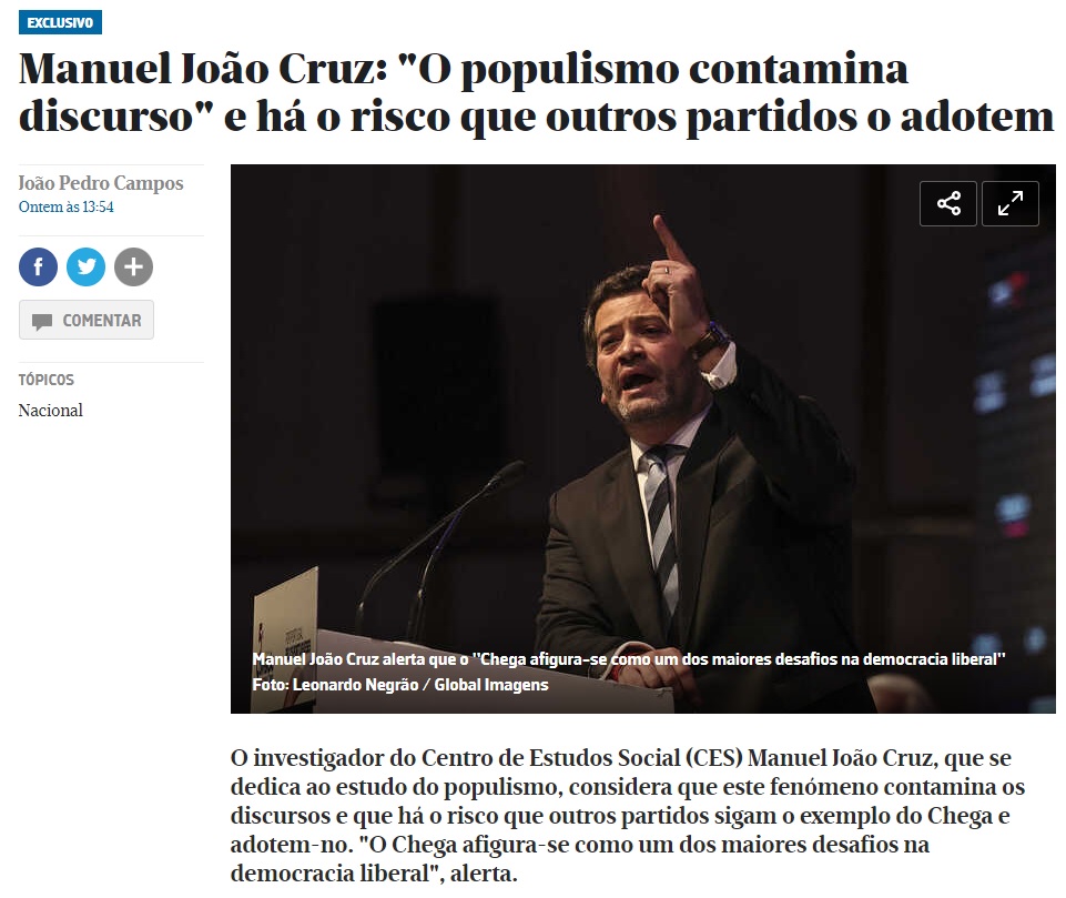 Manuel João Cruz em entrevista ao Jornal de Notícias: “O populismo contamina discurso” e há o risco que outros partidos o adotem